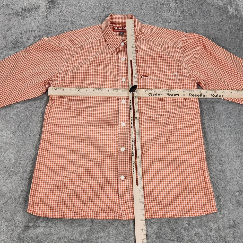 Simms Shirt Mens Small Orange Check Long Sleeve Button Up Fishing Outdoor Casual